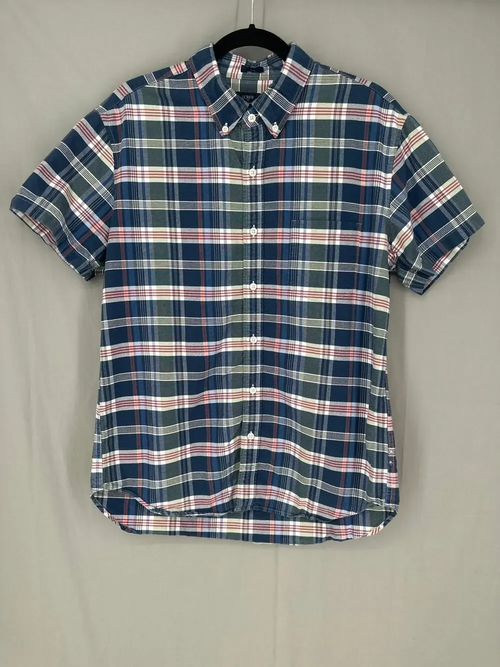 J Crew Shirt Mens Large Blue Plaid Oxford Slim Fit Button Cotton Short Sleeve